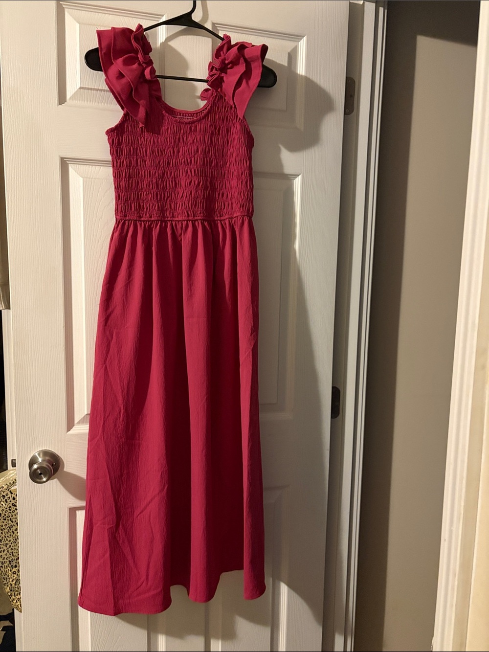 Women’s Ruffle-Shoulder Smocked Maxi Dress in Deep Pink